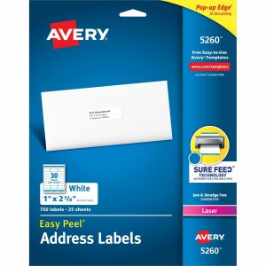 Avery? White Rectangle Labels with Sure Feed? Technology,Easy Peel?, 1" x 2-5/8" , for Laser and Inkjet Printers