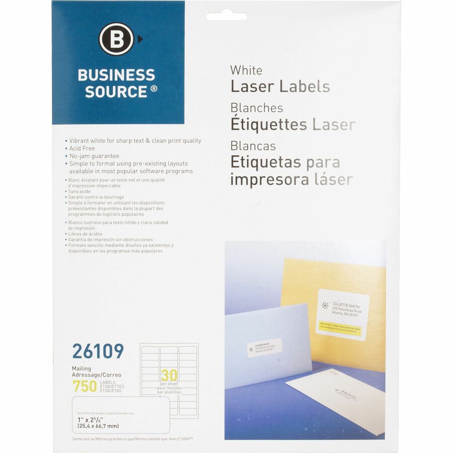 Business Source 1x2 5/8" Bright White Premium-quality Address Labels - 750 Pack - Image 2
