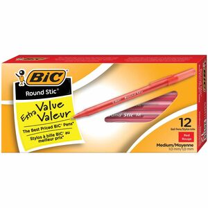 BIC Round Stic Extra Life Red Ballpoint Pens, Medium Point (1.0 mm) - 12 Pack
